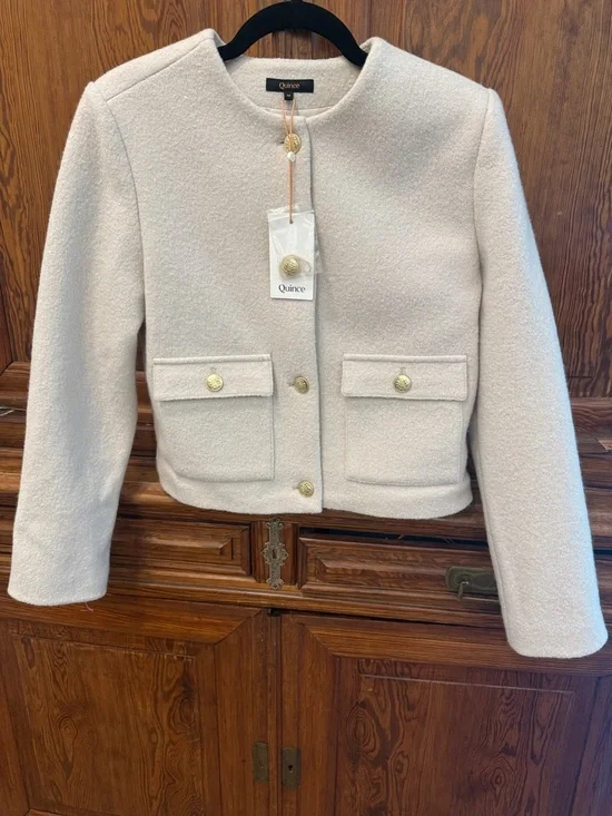 NWT Quince 100% Merino Wool Collarless Cropped Jacket - Bone - M - Picture 3 of 14